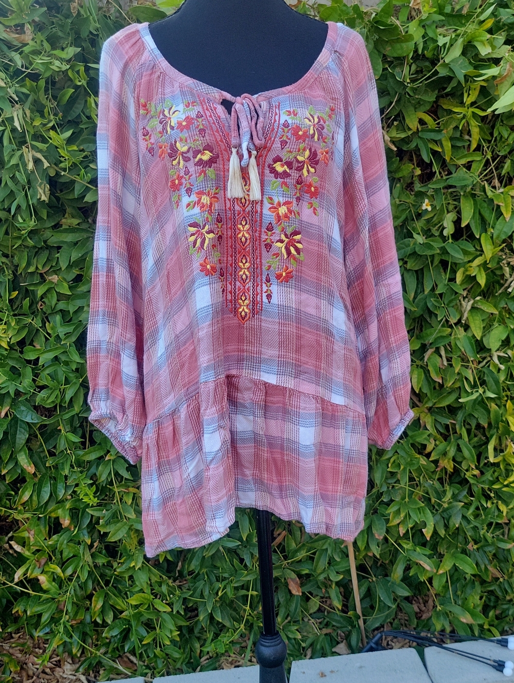 Boho Fall Pink Plaid Embroidered Peasant Ruffle Tunic XL